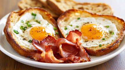 A delicious plate featuring crispy bacon, two sunny-side-up eggs in toasted bread, garnished with herbs, perfect for breakfast.