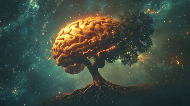 A mystical brain with tree roots expanding into the universe, symbolizing boundless intelligence and the power of thought.