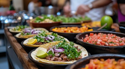 A vibrant spread of tacos garnished with fresh ingredients, showcasing a variety of toppings and accompaniments in a lively food setting.