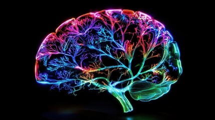 A neon-bright brain with branching electric pathways, symbolizing the power of thought, learning, and endless possibilities.