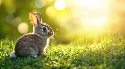Cute baby bunny sitting on green grass in warm sunlight, fluffy rabbit with big ears in spring meadow, perfect for Easter and wildlife photography