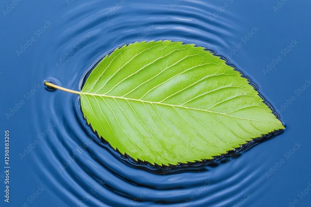 Poster a single green leaf floating on a calm water surface, creating gentle ripples