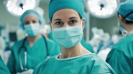 A focused surgical team member in scrubs and a mask, ready for an operation, conveys professionalism and dedication in a medical setting.