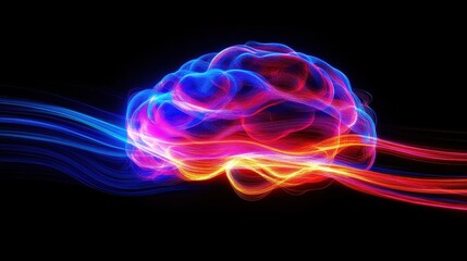 A radiant neon brain with streaming light trails, symbolizing the fast-paced nature of intelligence and mental agility.