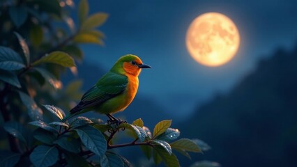 Serene avian perched on foliage under the glow of a nocturnal celestial body