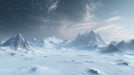 The peaks of the Snow-Covered Mountains Under the Sky are brightly filled with stars