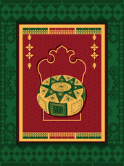 A collection of traditionally styled artifacts including a cushion, showcased within an ornate and colorful backdrop depicting cultural and artistic craftsmanship.