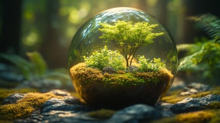 Miniature forest scene inside a glass sphere, sunlight shining through.