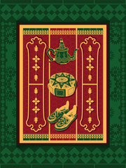 A collection of traditionally styled artifacts including a teapot, shoes, and cushion, showcased within an ornate and colorful backdrop depicting cultural and artistic craftsmanship.