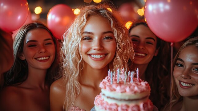 A group of five women celebrate together at a birthday party, raising glasses of colorful drinks in a toast.