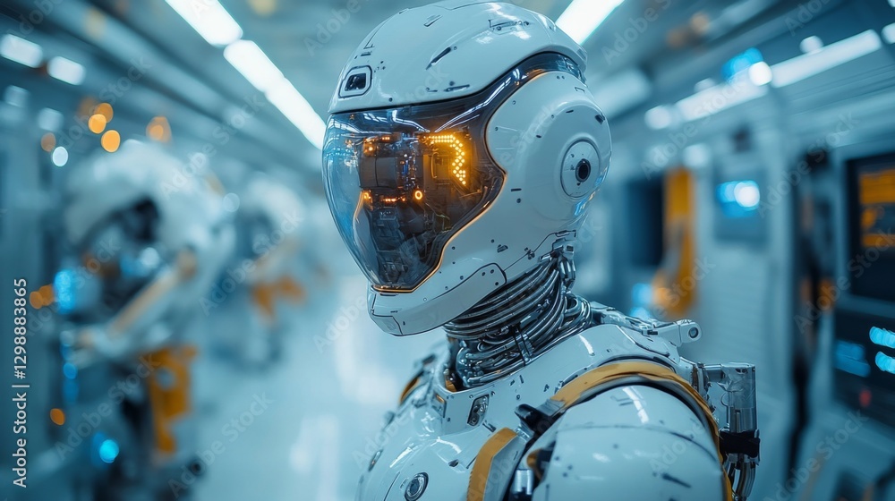 Poster In a high-tech factory, a humanoid robot stands ready for tasks, showcasing advanced engineering and automation technologies. The bright, sleek environment enhances efficiency.