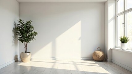 Bright Sunlight Illuminates a Minimalist Room with Potted Plants and a Woven Basket