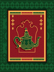 A collection of traditionally styled artifacts including a teapot, showcased within an ornate and colorful backdrop depicting cultural and artistic craftsmanship.