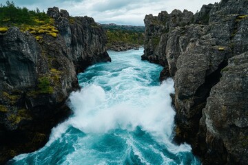 A raging river crashing against jagged rocks in a deep canyon, creating misty spray