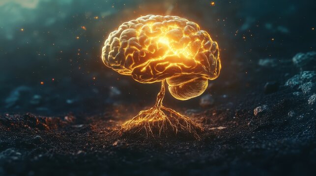 A surreal composition of a brain hovering over the earth, its glowing roots connecting to people, symbolizing shared knowledge.