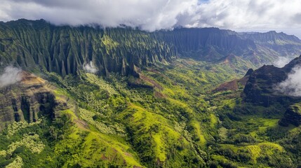 Fototapeta premium Aerial View of Lush Green Valley and Mountain Ridge in Hawaii