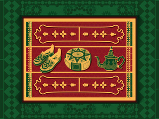 A collection of traditionally styled artifacts including a teapot, shoes, and cushion, showcased within an ornate and colorful backdrop depicting cultural and artistic craftsmanship.
