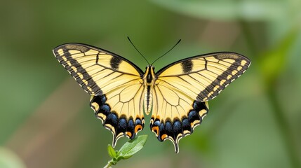 Fototapeta premium A vibrant yellow butterfly with black markings resting on green foliage, showcasing nature's beauty and intricate wing patterns.