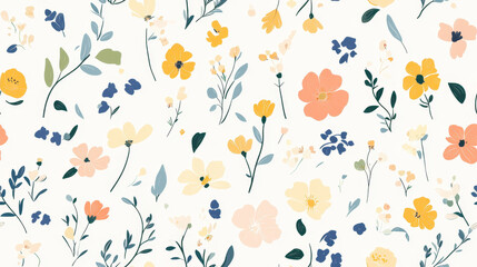 Seamless tiny floral pattern with hand-drawn flowers and pastel colors