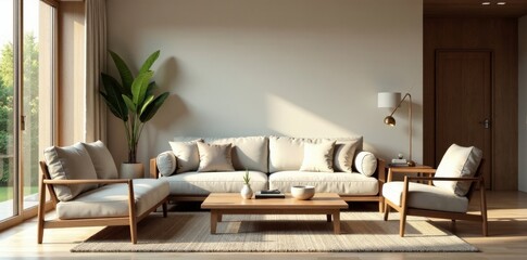 Serene Living Room Interior Design with Natural Light and Minimalist Decor Featuring a Comfortable Sofa and Armchairs