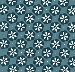 Floral Pattern with Stylized Dark Teal Flowers and White Petals on a Muted Blue-Green Background for Textile and Decorative Design