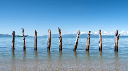 A tranquil scene featuring weathered wooden posts emerging from clear water under a bright blue sky, creating a serene waterfront atmosphere.