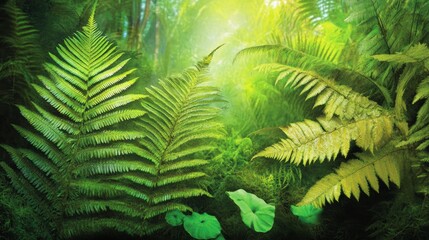 Lush Green Rainforest Ferns Bathed in Sunlight