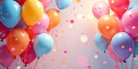A jubilant celebration featuring pastel balloons and colorful confetti, symbolizing joy and festive merriment.