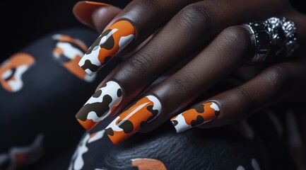 Hand with long square nails featuring a striking orange and brown camouflage pattern

