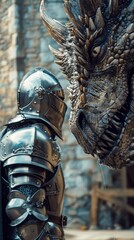 An image with an armored knight and dragon against the backdrop of an ancient castle, perfect for fantasy book illustrations, game covers or themed posters.