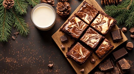 Delicious chocolate brownies with cream, pinecones, and chocolate pieces on rustic wooden table