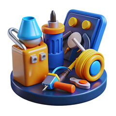 Vibrant 3D Render of Tools and Gadgets on Dark Background