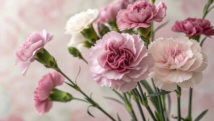 Delicate pale to dark pink Dianthus flowers with frilled edges arranged gracefully at the center against a soft pastel background.