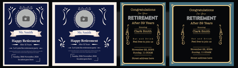 Set of retirement party invitation, square banner, instagram story and a4 poster, vector illustration Retirement Party Invitation Layout with Gold Accents Happy retirement Retirement party greeting
