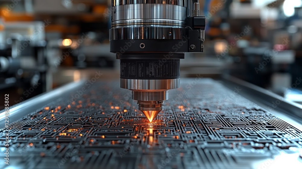 Poster A high-precision laser cutter operates on an intricate circuit board in a state-of-the-art manufacturing facility.