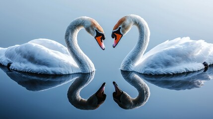 Two elegant swans form a heart shape with their necks, mirrored perfectly on a calm water surface, creating a serene and romantic scene.