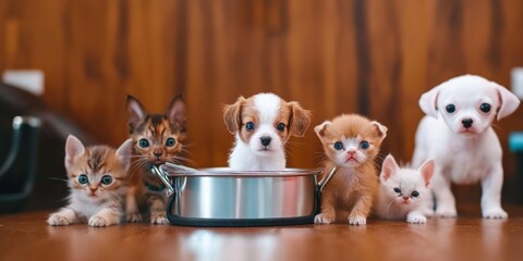Veterinarian cares for puppies and kittens at animal clinic for checkup and vaccination