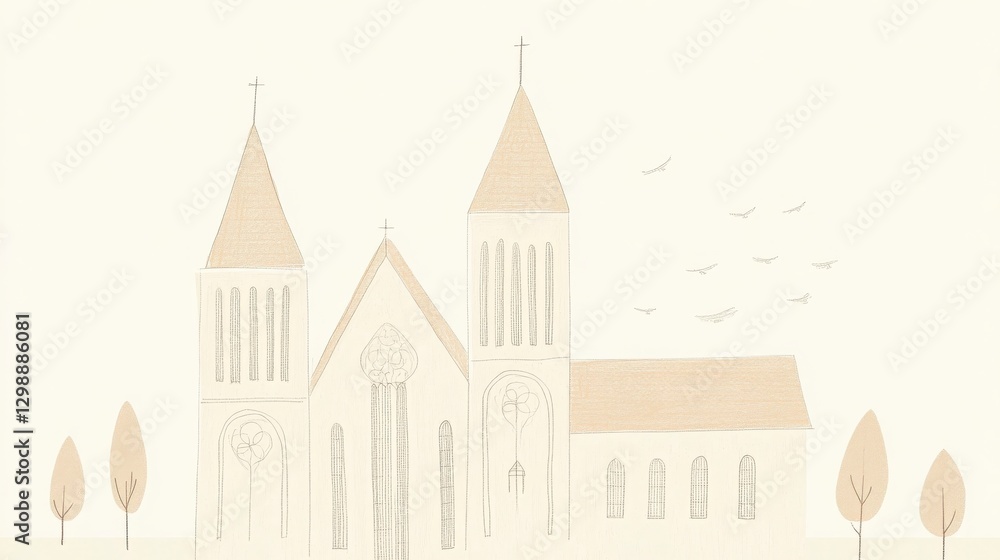 Aufkleber beige cathedral illustration minimalist architectural drawing a beautiful image of a cathedral with 