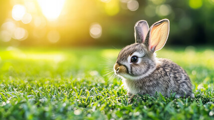 Cute baby bunny sitting on green grass in warm sunlight, fluffy rabbit with big ears in spring meadow, perfect for Easter and wildlife photography