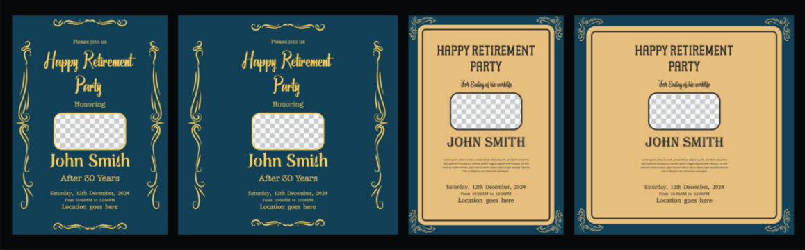Set of retirement party invitation, square banner, instagram story and a4 poster, vector illustration Retirement Party Invitation Layout with Gold Accents Happy retirement Retirement party greeting