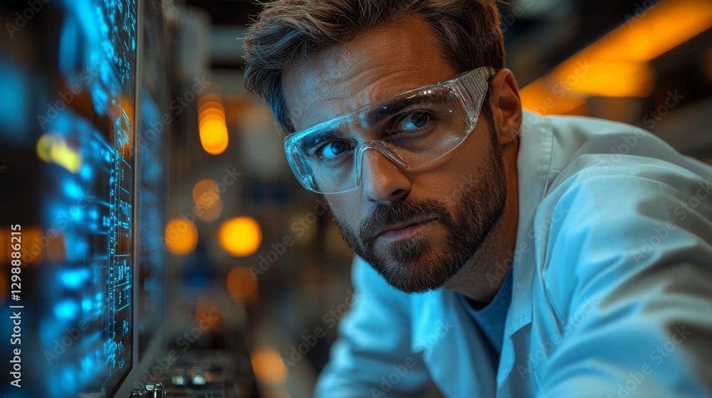 Poster A focused engineer inspects high-tech automation machinery in an industrial workspace filled with advanced equipment and safety features. The workshop has a modern design.