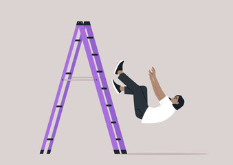 Unexpected tumble as a person loses their balance while attempting to descend from a ladder