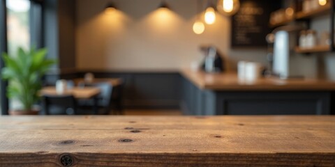 Empty rustic wooden table in a cozy cafe setting with blurred background