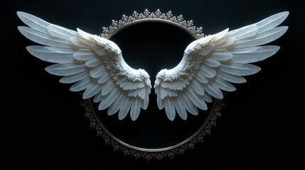 Elegant white wings displayed within an ornate silver frame on a dark background, symbolizing purity, grace, and ethereal beauty.