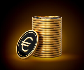 Stack Of Golden And Black European Euro Coins Set On Shiny Golden Glow Background 3d Illustration