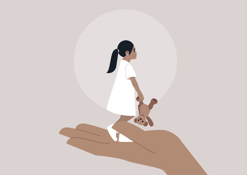 A delicate depiction of a miniature inner child standing on an outstretched hand, clutching a teddy bear, symbolizing the journey of self-discovery, evoking feelings of nostalgia and warmth