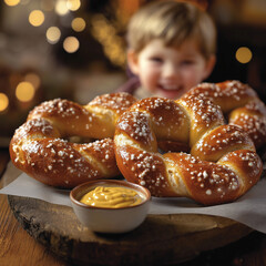 a boy who whants delicious pretzels with mustard