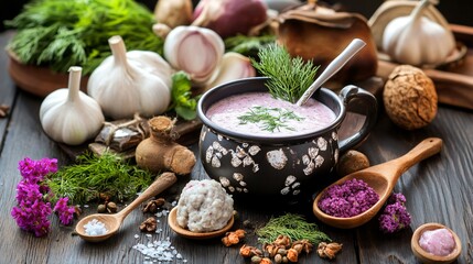 Fresh Ingredients and Delicious Soup with Herbs and Spices on Wooden Table in Rustic Kitchen Setting