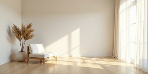 Fototapeta premium Serene Minimalist Living Room Interior Design with Sunlight Streaming Through Sheer Curtains and a Comfortable Chair