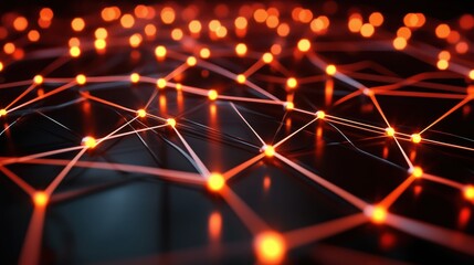 A close-up view of an abstract network with glowing orange nodes and interconnected lines on a dark background.